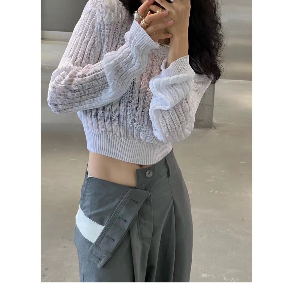 Áo len dệt kim kumikumi tay dài cổ tròn khoét lỗ gợi cảm phong cách Hàn Quốc cho nữ