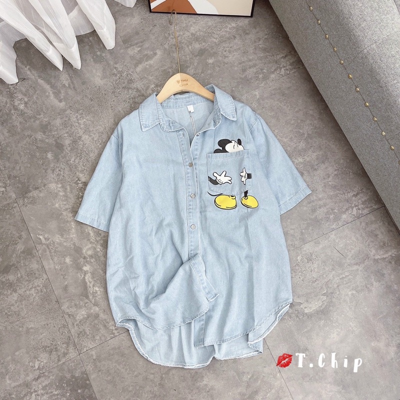 Áo sơ mi tay lỡ bò thụng chuột micky/ áo sơ my phom thụng đuôi tôm | BigBuy360 - bigbuy360.vn