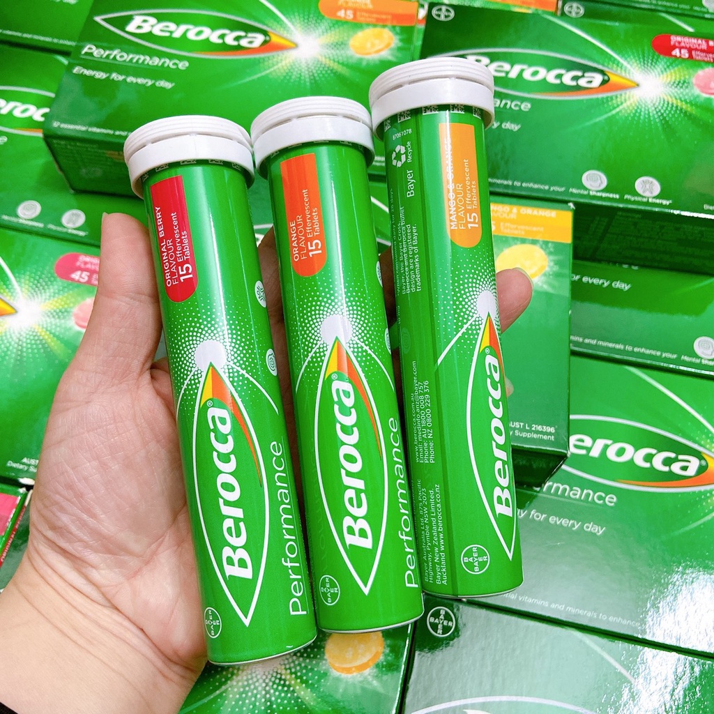 Viên Sủi Berocca Úc 15viên, bổ sung vitamin C, kẽm, nhóm B -Vị cam, xoài, Dâu (đủ vị)_Hàng ÚC