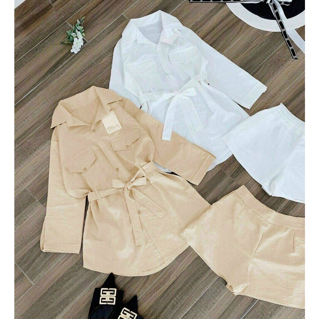Sét Sơ Mi Tay Dài Thắt Nơ Bụng Siêu Xinh Thời Trang Nữ STclothing