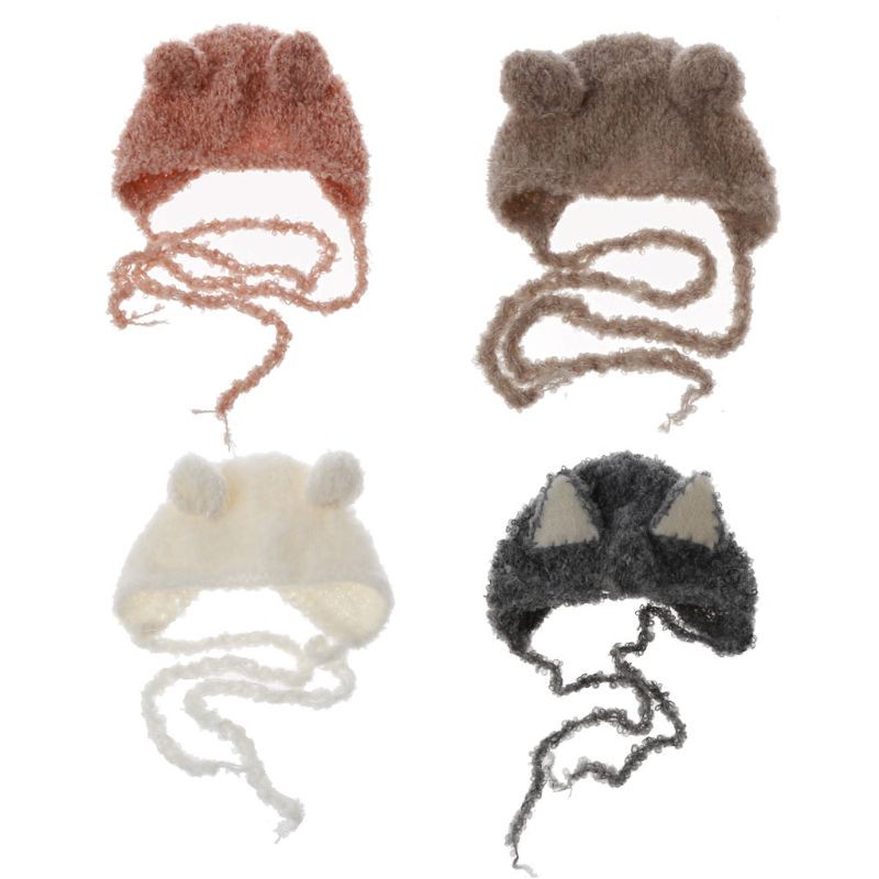 Mũ trùm đầu dệt kim hình tai gấu phụ kiện chụp hình cho bé