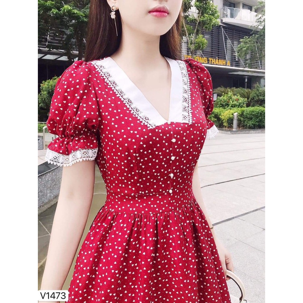 Đầm nữ tay ngắn màu đỏ chấm bi nữ tính Thời Trang Nữ stclothing