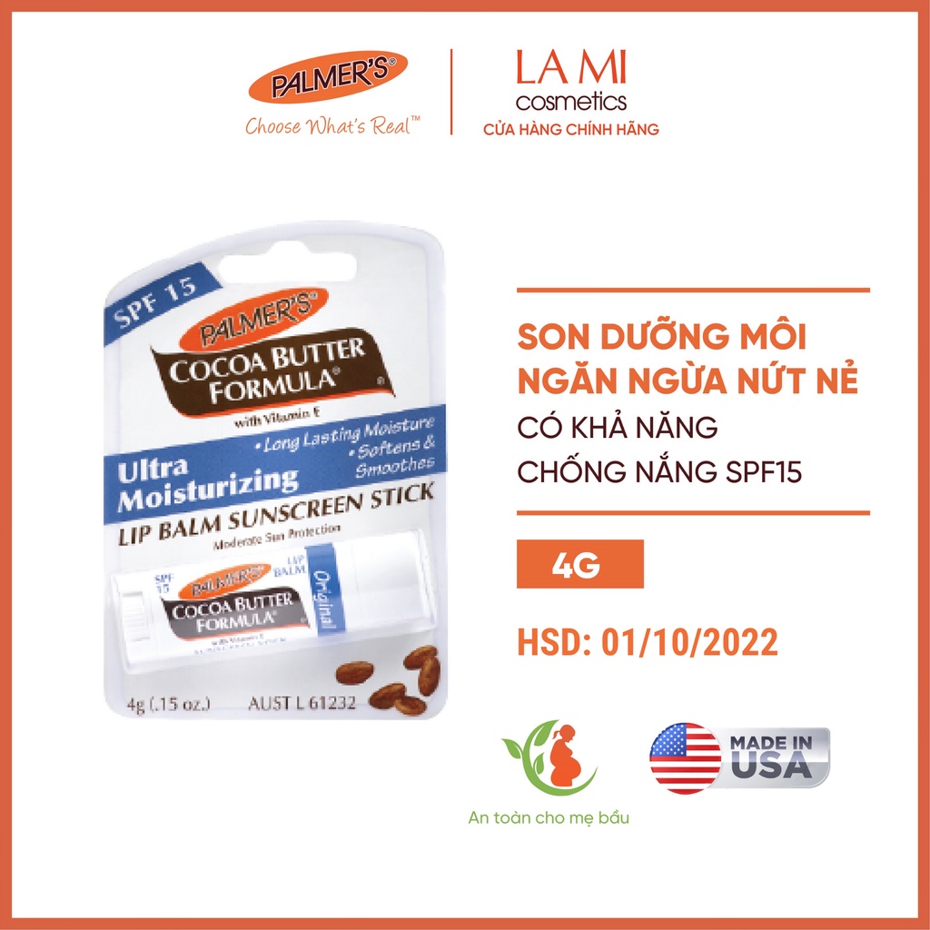 [Mã FMCGMALL -8% đơn 250k] Son dưỡng môi ngăn ngừa khô, nứt nẻ SPF15 Palmer's 4g