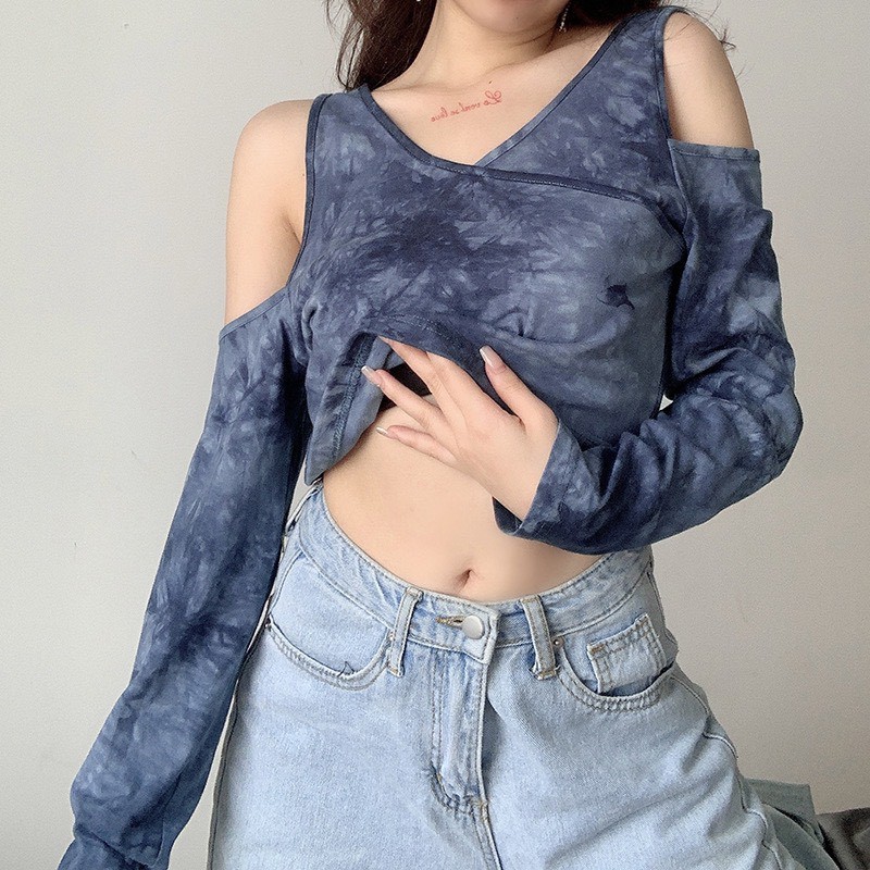 Áo croptop tay dài cổ tim xẻ vai loang tím phong cách sexy-BITCHES