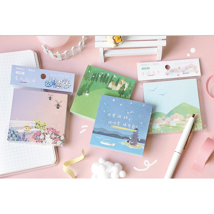 Giấy Note Vintage 💖 Set 4 Mẫu 100 Tờ Ghi Chú LEISURELY LIFE Decor Trang Trí Sổ Bullet Journal Hàn Quốc