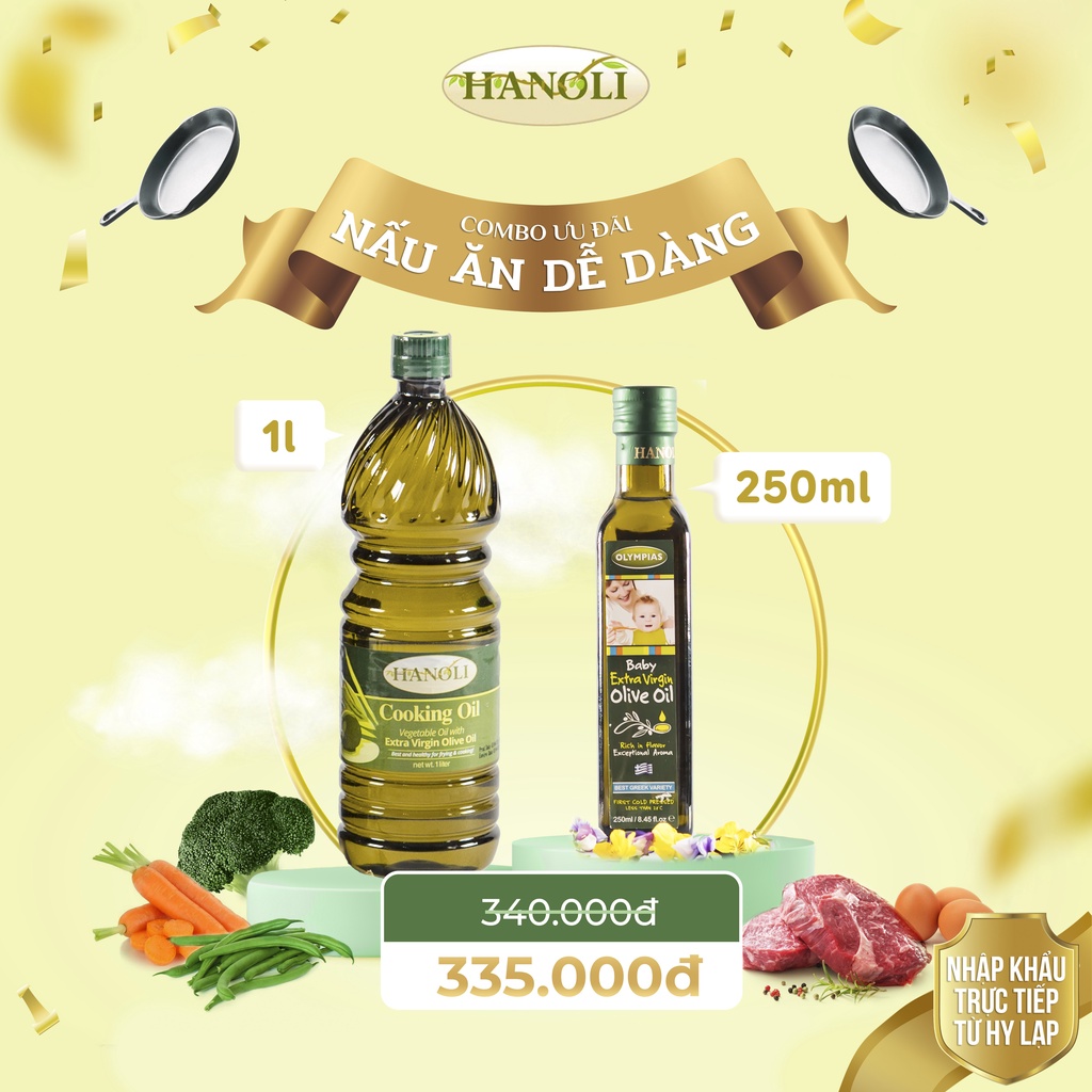 Combo Dầu ăn oliu HANOLI chai 1L và Dầu oliu siêu nguyên chất cho bé OLYMPIAS chai 250ml