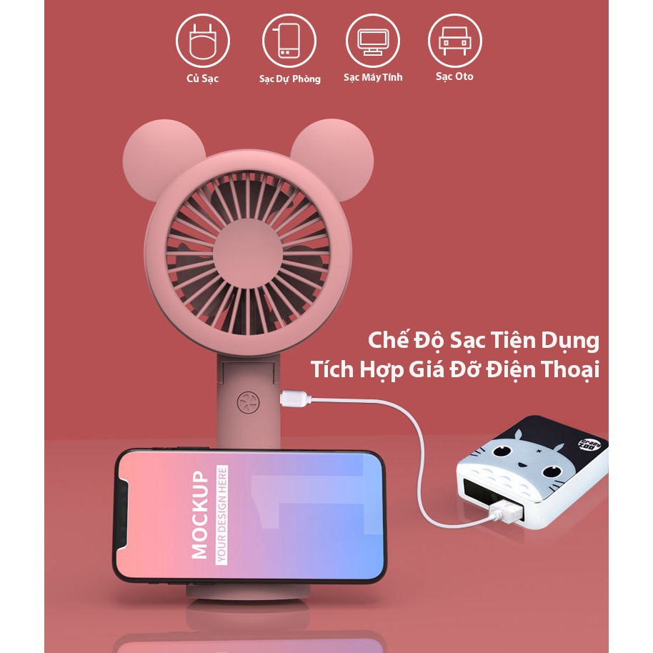 Quạt cầm tay IMEBOBO quạt cầm tay tích điện mini 3 tốc độ tặng kèm 4 cặp nơ trang trí siêu cute | BigBuy360 - bigbuy360.vn