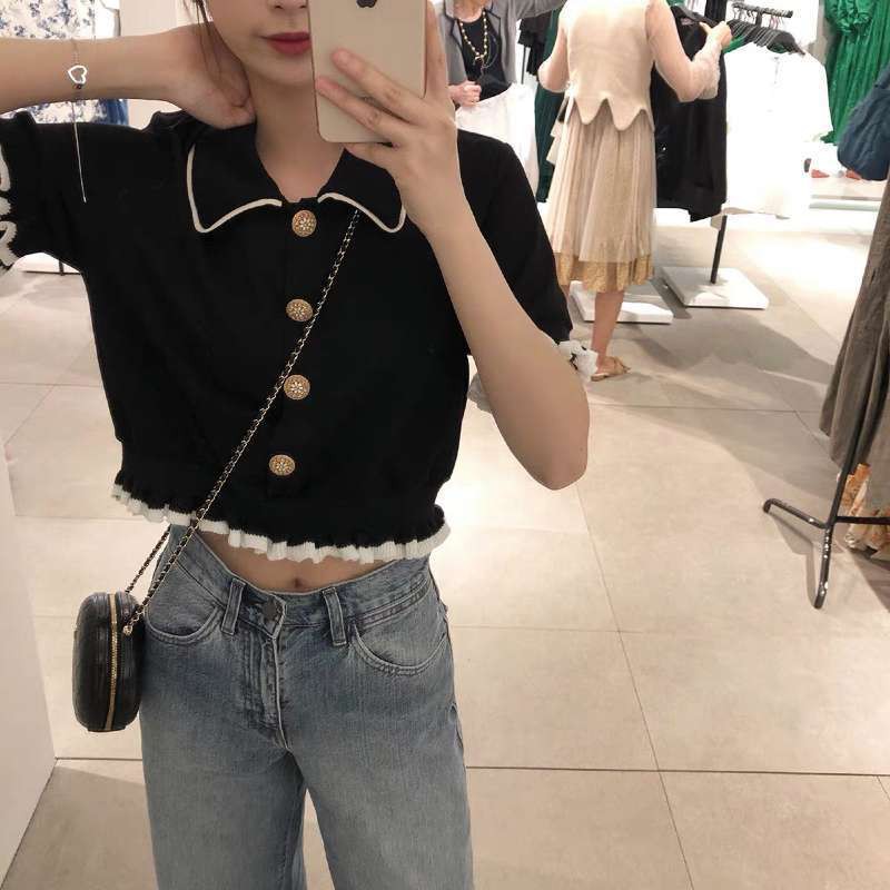Áo Ulzzang nữ dáng croptop cổ Polo chất len tăm đen viền trắng độc đáo phong cách Hàn Quốc C23 - Maoshop