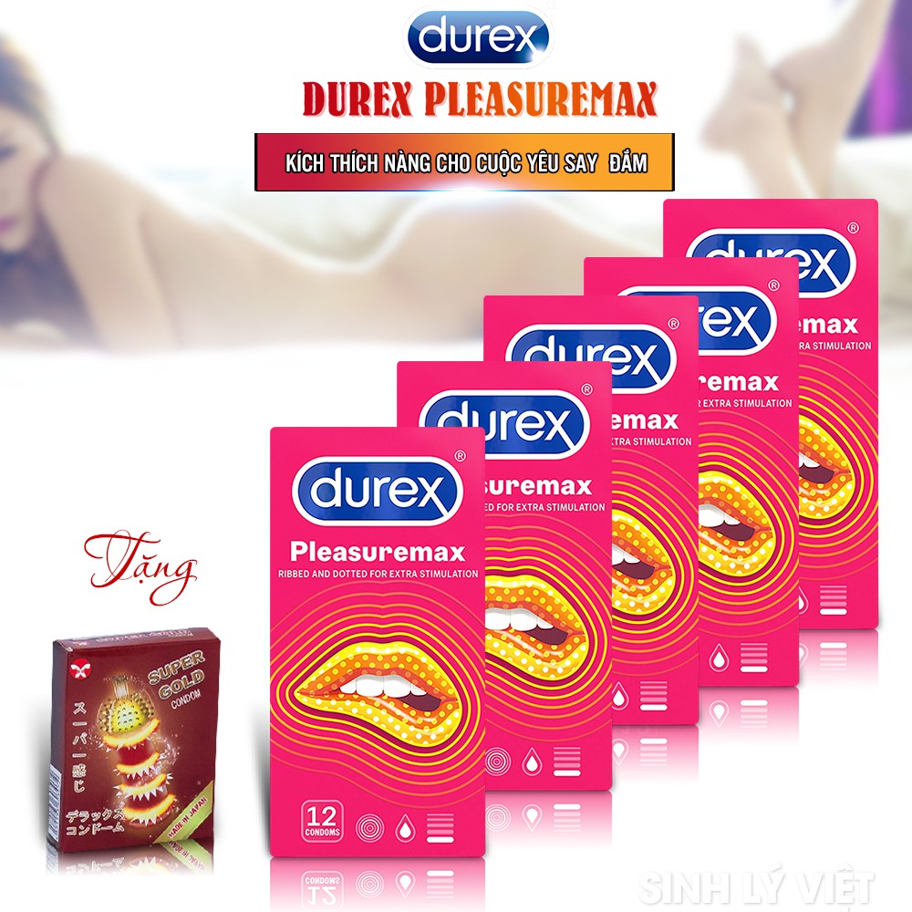 [Combo Siêu Rẻ] 5 Hộp Bao Cao Su Durex Pleasuremax (Hộp 12c) 56mm +Tặng Bcs Siêu Gân Gai Supper Gold Kéo Dài Cuộc Yêu