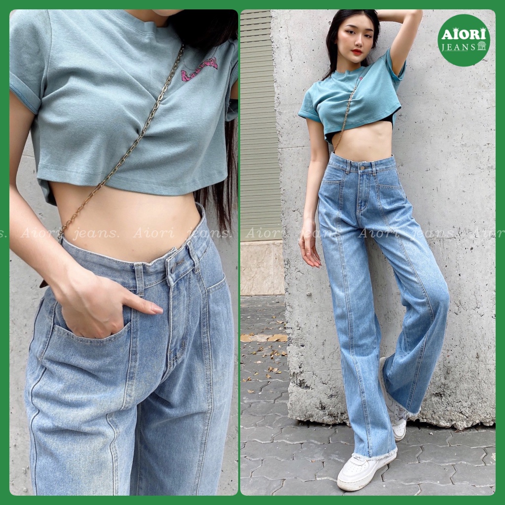[XU HƯỚNG DENIM]Quần Jean Nữ Aiori [Dài 104cm] Lưng Bản To Xẻ Thân Jean Ống Rộng Lưng Cao Bò Suông, Jean Cotton Mềm Mịn