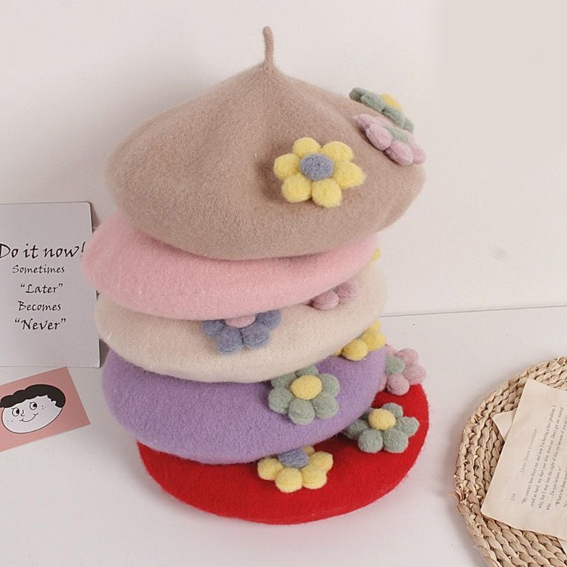 Mũ Beret 3 Hoa Thanh Lịch Cho Bé Gái Từ 2-7 Tuổi