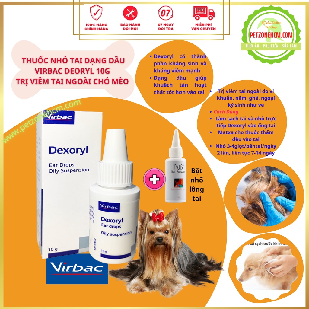 Nhỏ tai chó mèo Virbac Dexoryl 10g, Pháp ️ FREESHIP ️ Dexoryl chữa bệnh tai mủ,viêm tai ngoài,nấm,ngoại ký sinh ve ghẻ