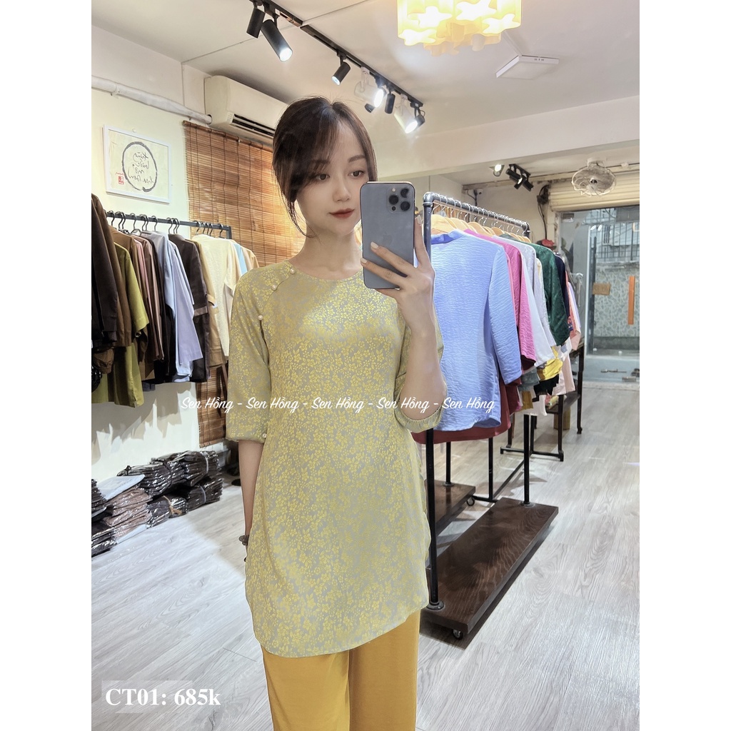 QUẦN ÁO ĐI CHÙA CAO CẤP GẤM THÁI TUẤN - Mẫu cách tân đính cúc ngọc sang chảnh # pháp phục quần áo Phật tử nữ CT01