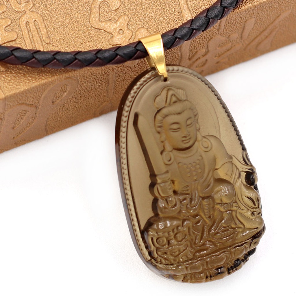 Vòng cổ dây da Phật Văn Thù Bồ Tát - Hộ mệnh tuổi Mão - Đá 5 cm DDNEBOBN3