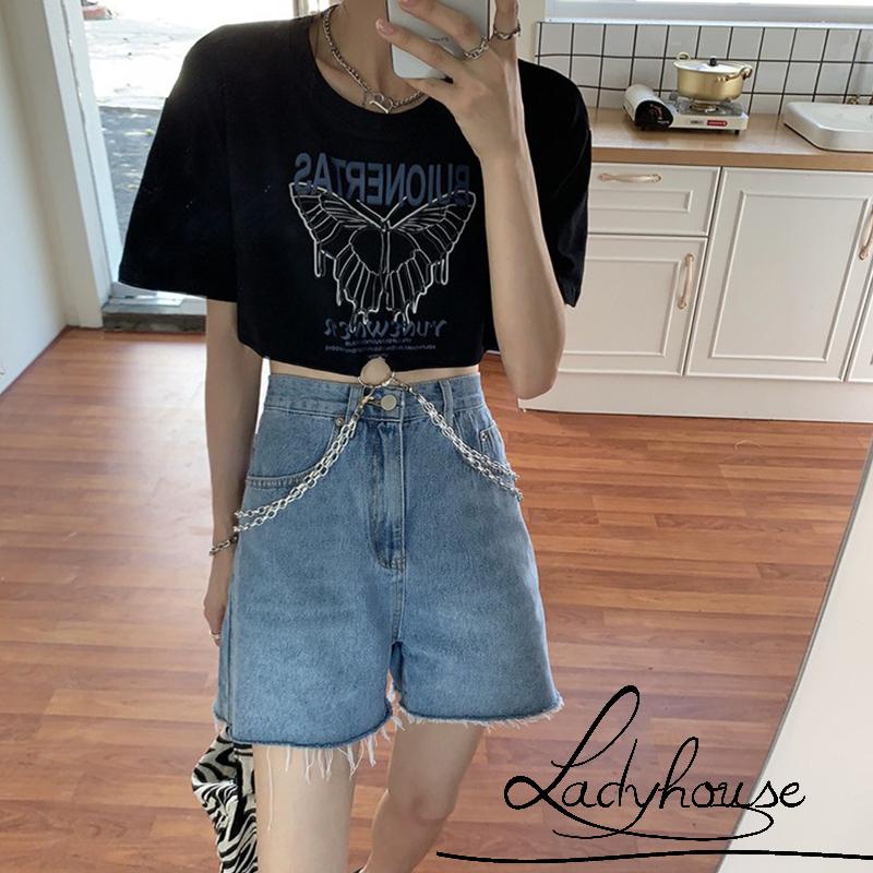LD-Women Cropped Tops, Short Sleeve Round Collar Butterfly Letters Print Metal Chain Street Party Shirt hot girl sexy