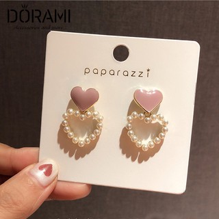 Bông tai trái tim đính hạt châu trắng dễ thương phụ kiện trang sức style ulzzang hàn quốc - dorami