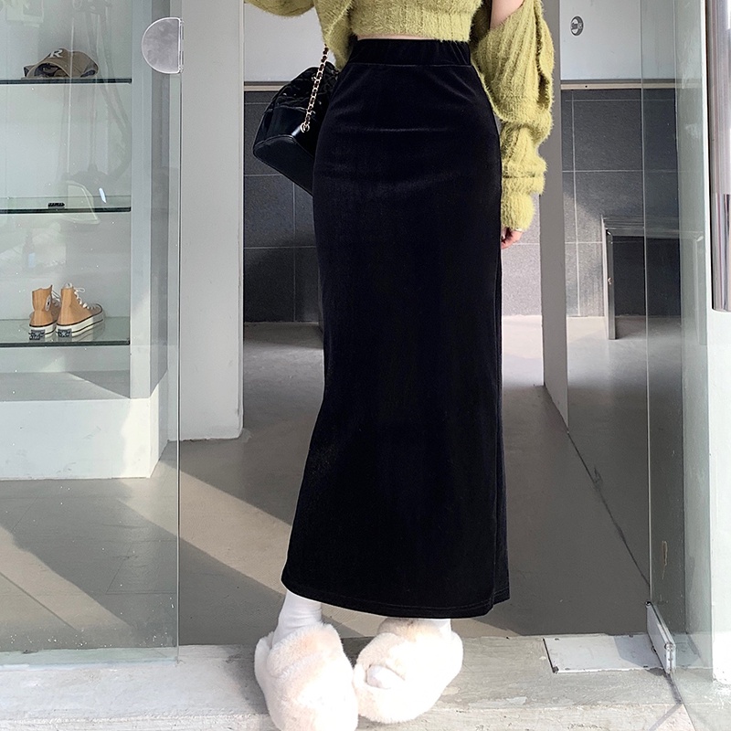 Chân váy SUXI dáng dài vải nhung lưng cao màu trơn phong cách vintage thời trang mùa thu dành cho nữ