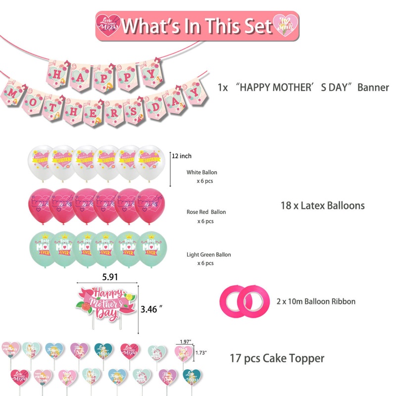 Banner Chữ Happy Mother 'S Day Bằng Latex Hình Trái Tim Trang Trí Bánh Kem