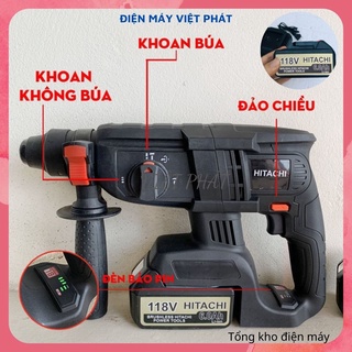 Máy khoan cầm tay đục tường, bê tông pin hitachi 118v chính hãng không chổi than đa chức năng - 2 pin