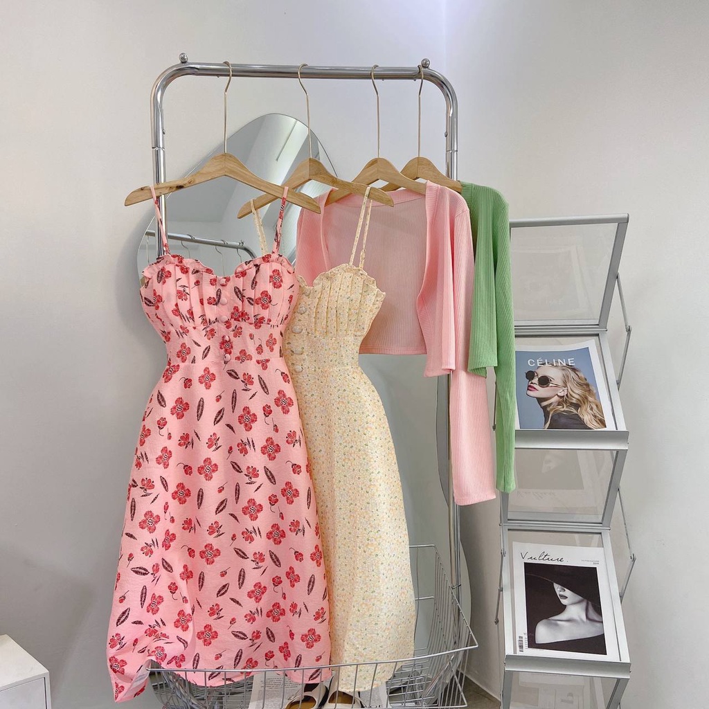 Set váy đầm 2 dây hoa viền bèo kèm khoác croptop