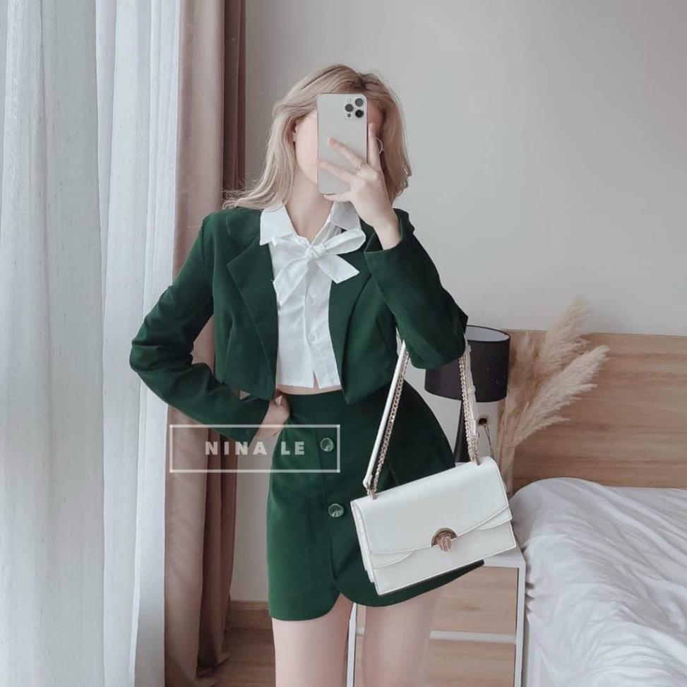 T10 Set 3 món áo vest sơ mi trắng kèm khoác xanh tay dài phối cvay mẫu chị Nina Lê