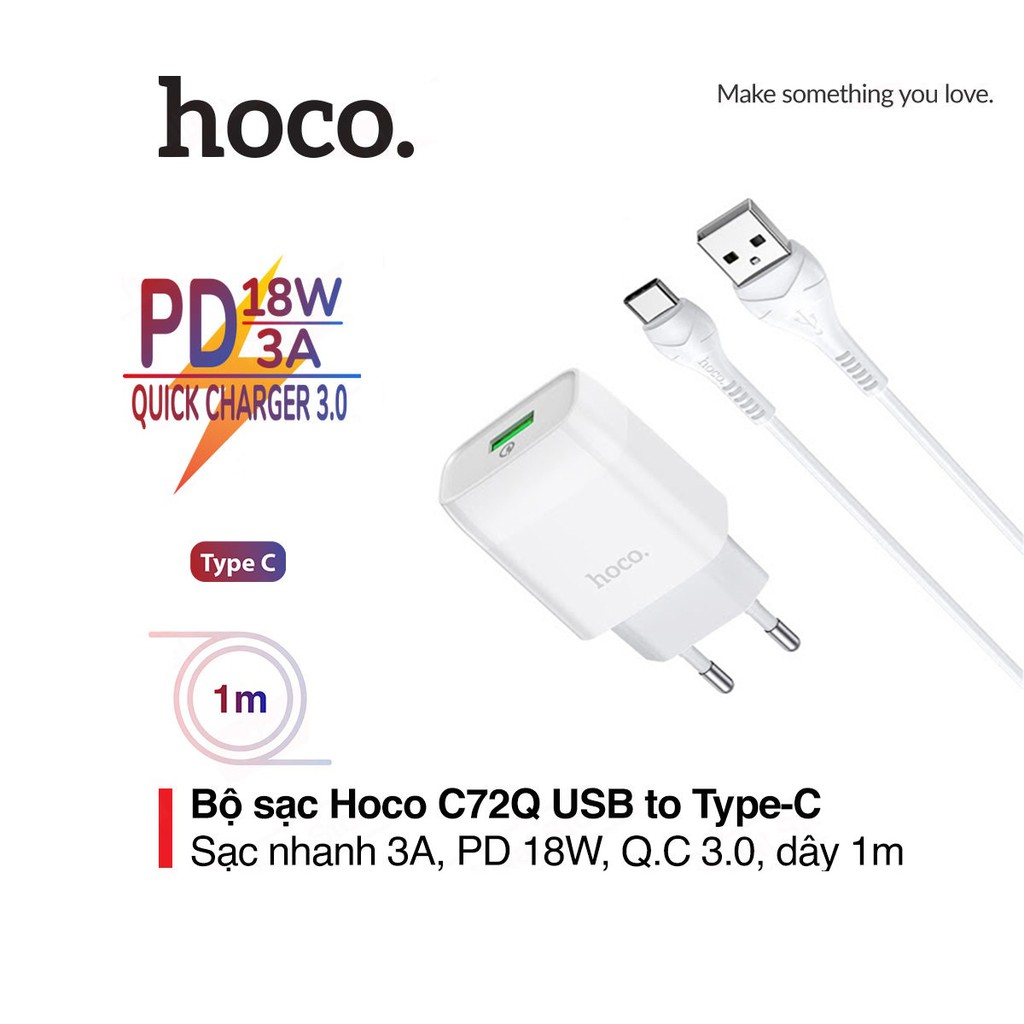 Bộ sạc nhanh 3A/ PD18W Hoco C72Q chuôi tròn chất liệu PC cao cấp kèm dây sạc Type-C cho Android dài 1M