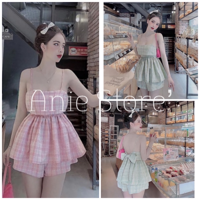 Bộ Áo 2 Dây Quần Short Kẻ Nơ Lưng 🦋 Set Áo Quây Dáng Ngắn Kèm Quần Đùi Ống Rộng 2 Màu 🦋