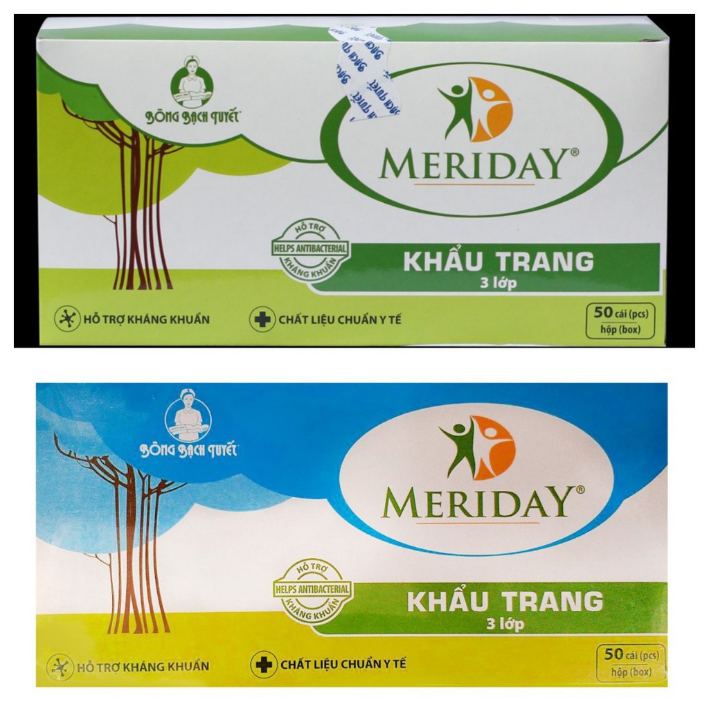 Khẩu Trang Y Tế Meriday Bông Bạch Tuyết Hộp 50 Cái & Gói 10 Cái - Màu Xanh & Màu Trắng