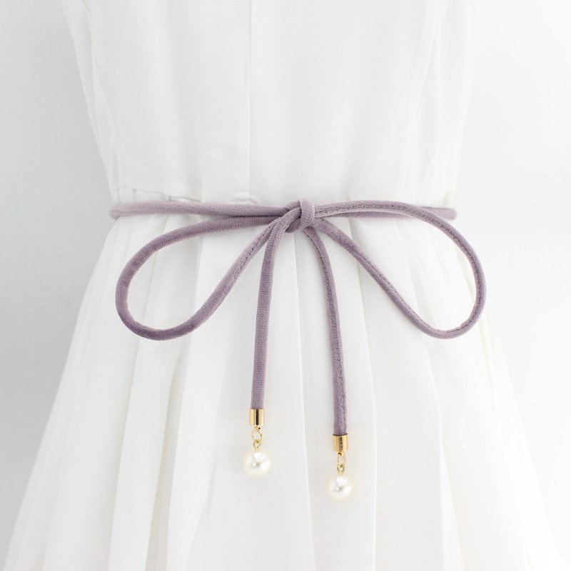 Dây thắt lưng vải nhung gắn ngọc, đai váy nhung thắt nơ