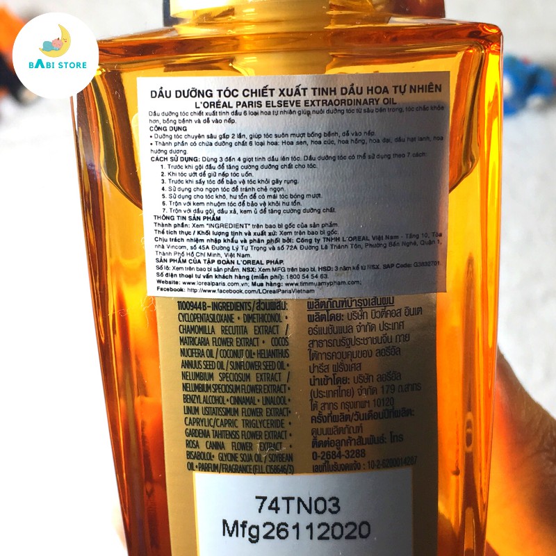 Dầu Dưỡng Tóc Tinh Dầu Hoa Tự Nhiên  L'Oreal Elseve  Oil 100ml.(HÀNG CHÍNH HÃNG -Chai thủy tinh)