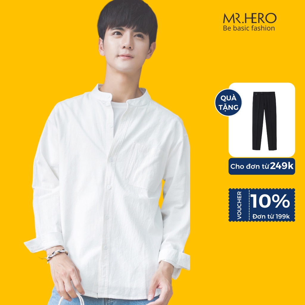 Áo sơ mi nam cổ tàu trơn form rộng dài tay vải mềm mịn ACT01 phong cách Hàn Quốc M.RO màu trắng đen Mrhero