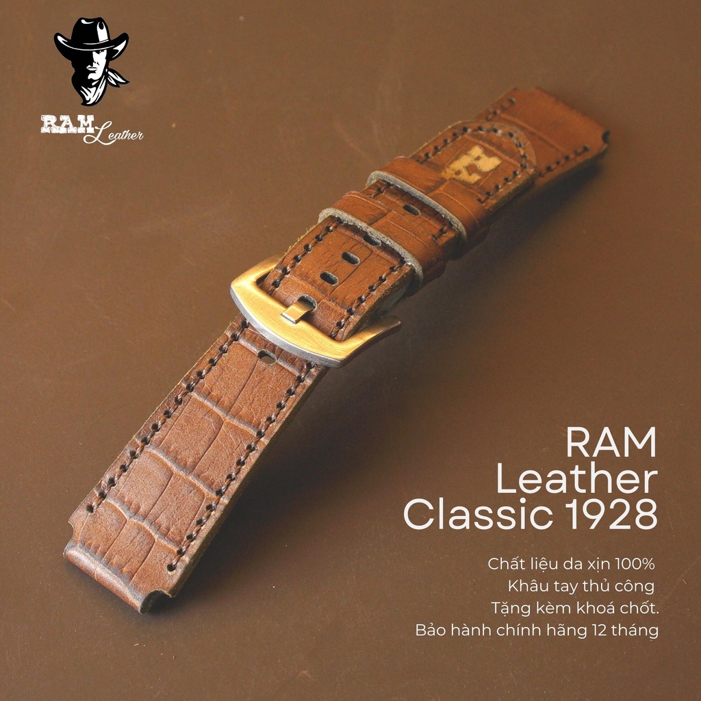 Dây Đồng Hồ Da Thật RAM Leather 1928 Da Bò Cho Casio AE 1200 WHD và đồng hồ dây 18mm Vân Cá Sấu  Bền Đẹp