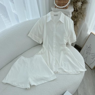 Set áo sơmi trắng chiết eo + quần short