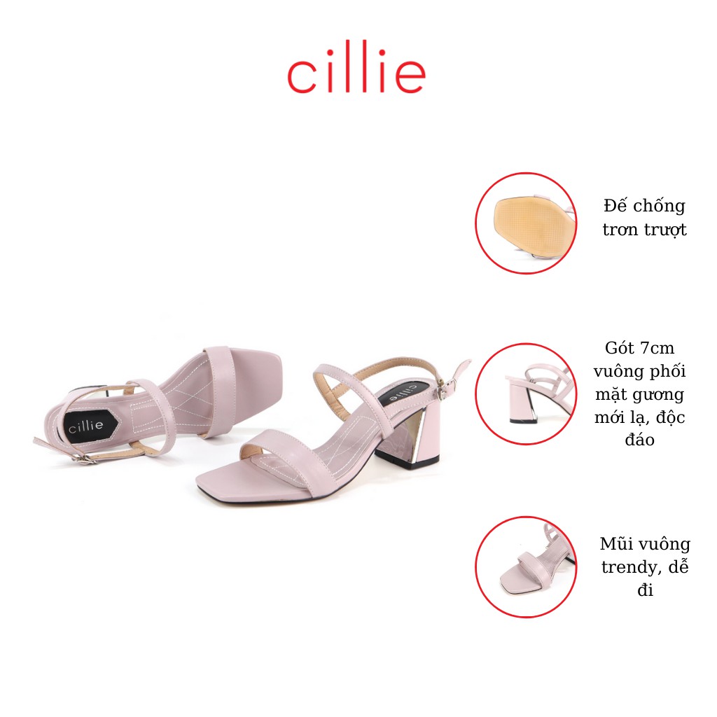 Giày sandal cao gót nữ mũi vuông thời trang phối gót xéo tráng gương độc lạ cao 5cm Cillie