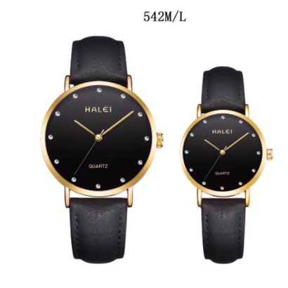 Đồng hồ cặp đôi nam nữ Halei dây da đen mặt ngọc chính hãng Tony Watch 68