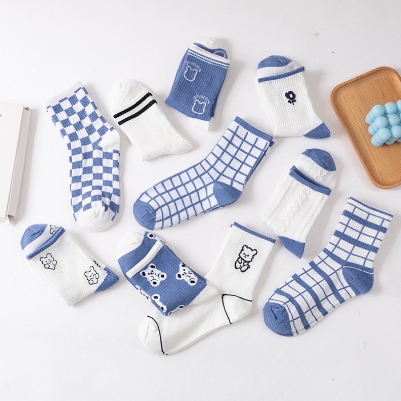 Sét 5 Đôi Vớ Tất Nữ Cổ Cao Tông Xanh Trắng Phong Cách Hàn Quốc