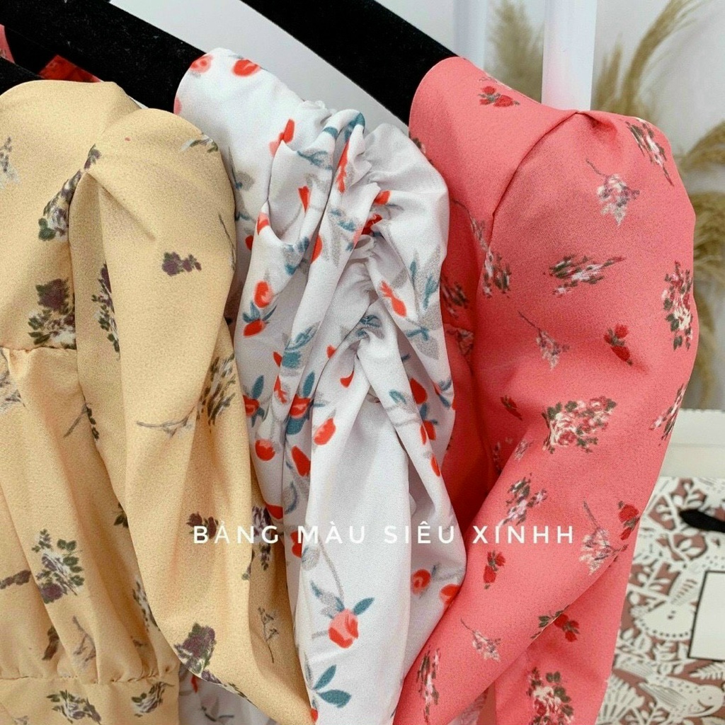 Đầm hoa vintage ngực xếp ly đính nút bọc dáng xoè xinh xắn