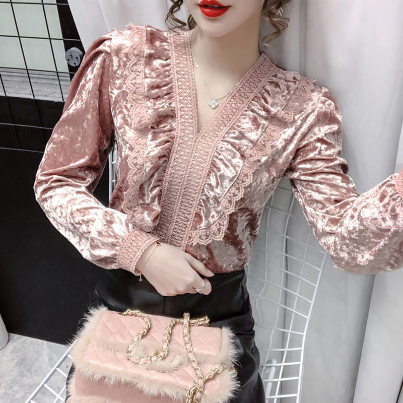 Áo Nhung Dài Tay Cổ Chữ V Phối Ren Xinh Xắn Dành Cho Nữ