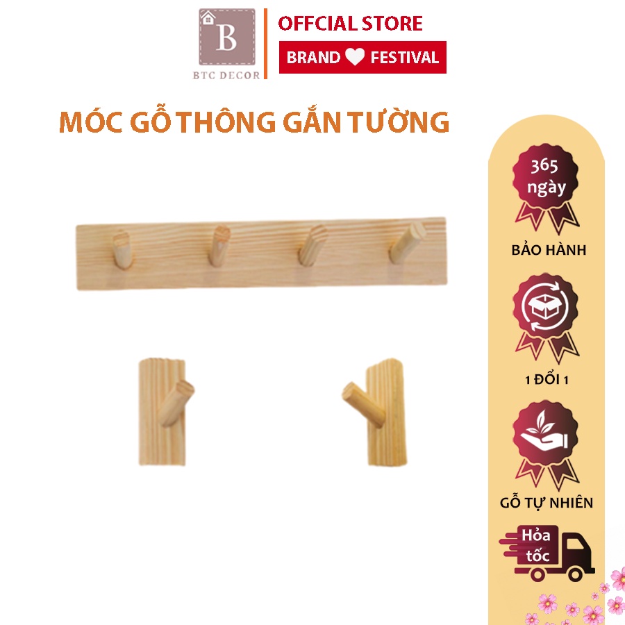 Móc treo quần áo gỗ gắn tường / Thanh treo đồ Móc treo tường đa năng gỗ thông - KT 38 x5cm - Bảo Hành Lỗi 1 Đổi 1