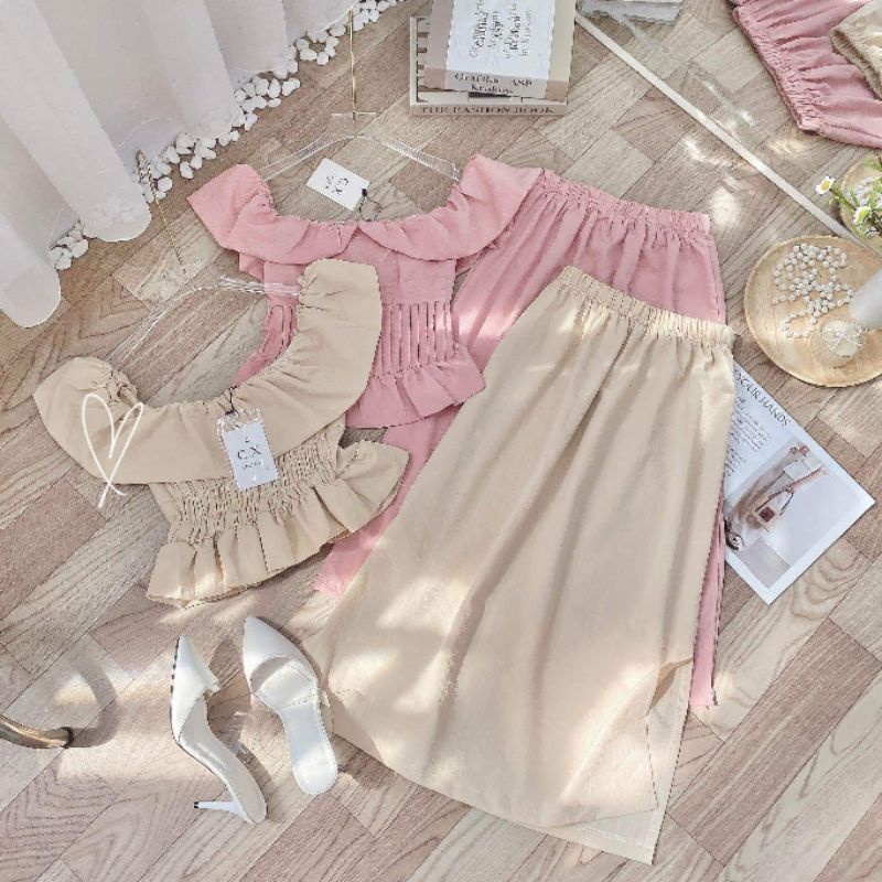 Set áo váy trễ vai tiểu thư 2 màu BCi