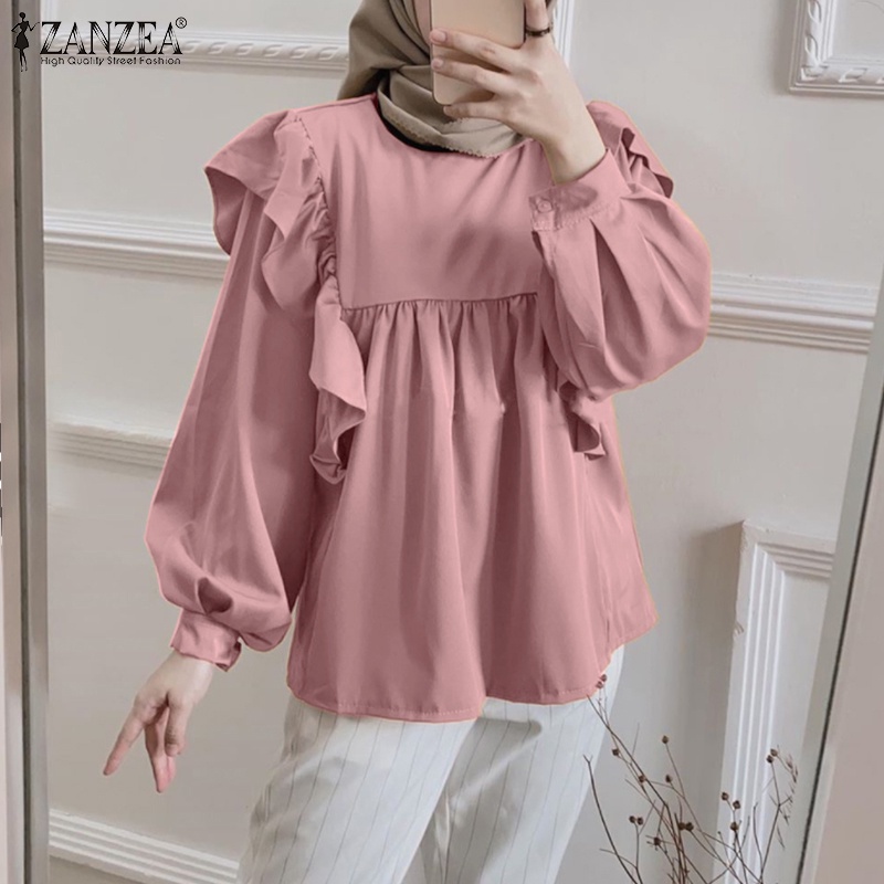 Áo kiểu Zanzea tay dài phồng cổ tròn phối viền nhún bèo thời trang cho nữ