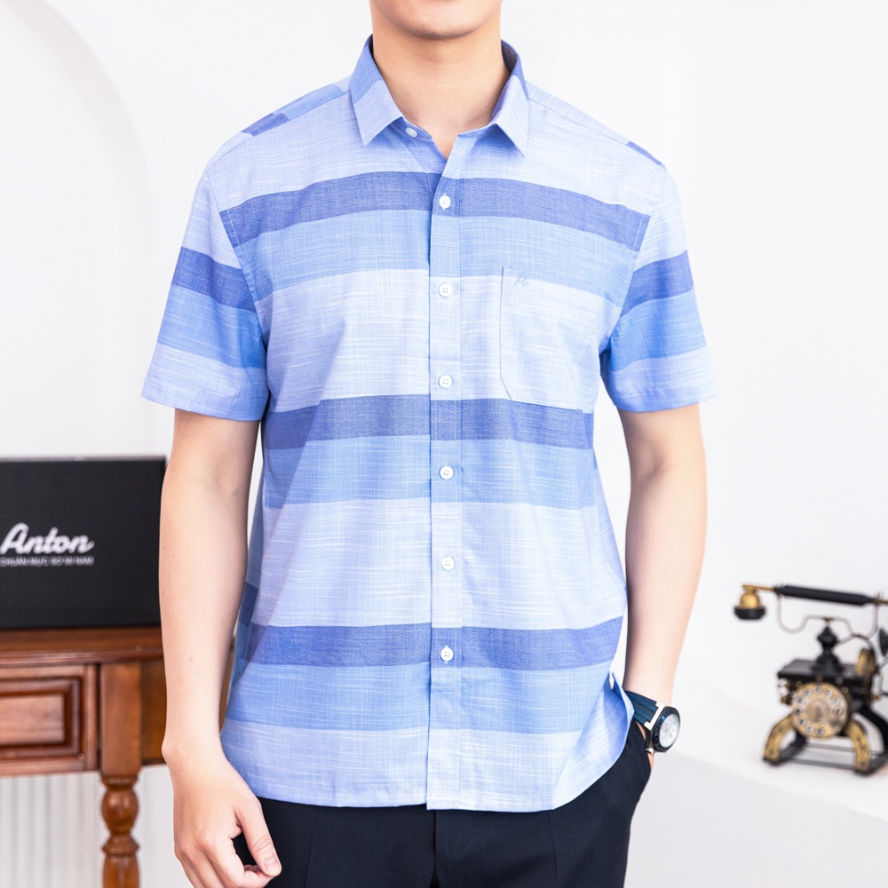 Áo Sơ Mi Nam Công Sở Trung Niên Thương Hiệu Anton Xanh Dương Kẻ Caro Ngắn Tay Vải Sợi Tre - GD566