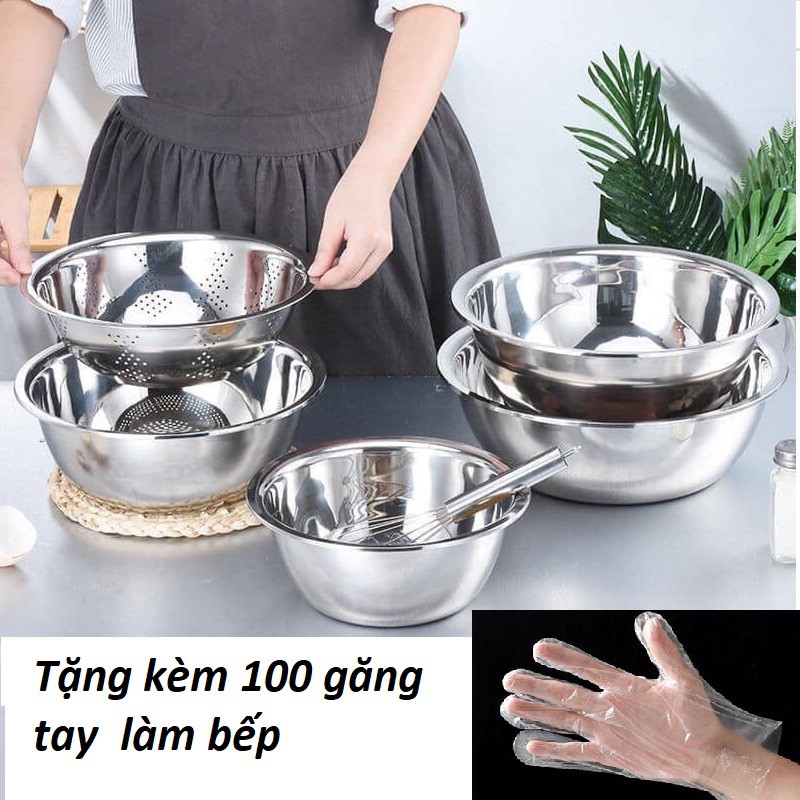 Bộ thau rổ 5 món inox+ tặng kèm 100 găng tay làm bếp