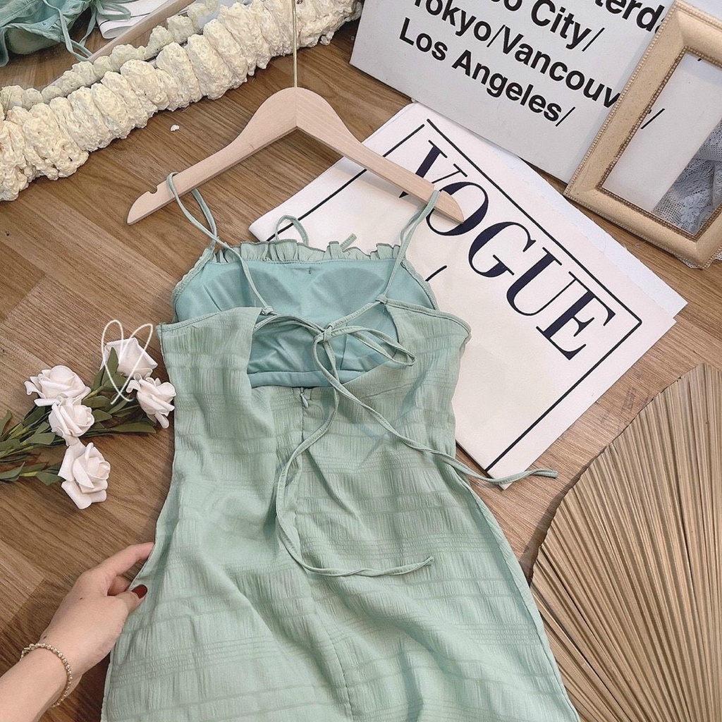 Váy 2 dây hở lưng ôm body  khóa kéo lưng 2 lớp xanh