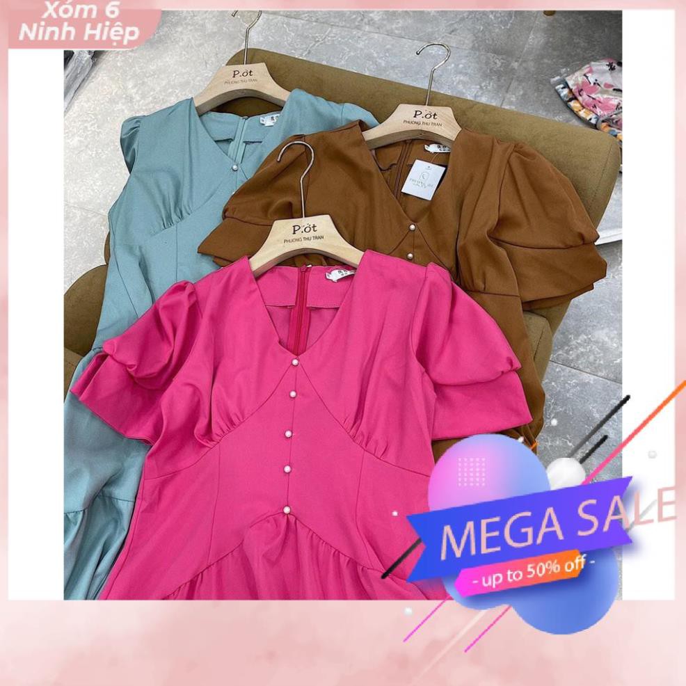 [FREESHIP] Váy Thô Cổ V Tay Bồng Cúc Ngực - Đầm Thô Tầng Dáng Dài MN | BigBuy360 - bigbuy360.vn