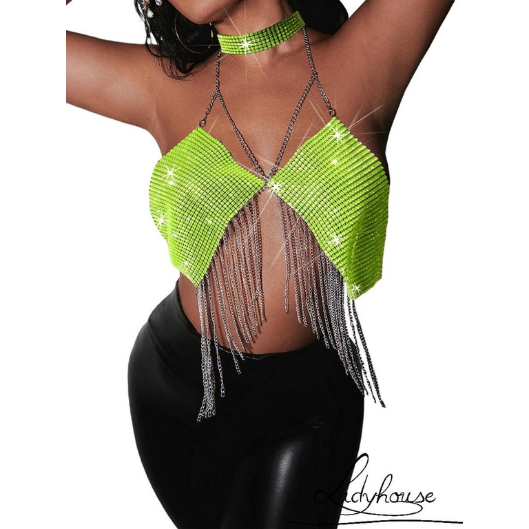 Áo Croptop Không Tay Hở Lưng Màu Trơn Đính Đá Có Choker Dành Cho Nữ