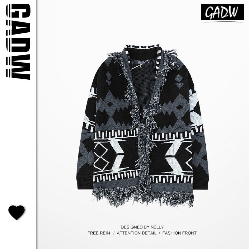 Áo Khoác Len Cardigan Dáng Rộng Dài Phối Rách Kiểu Retro Đường Phố Phong Cách Nhật Bản Mới Cho Nam Nữ