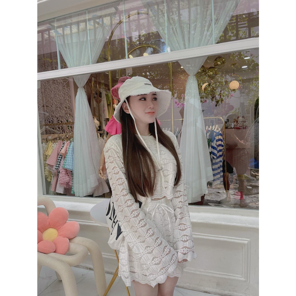 Bộ xốp ren cho nữ mặc nhà, mặc đi chơi, áo crotop, tay dài, quần short siêu dễ thương