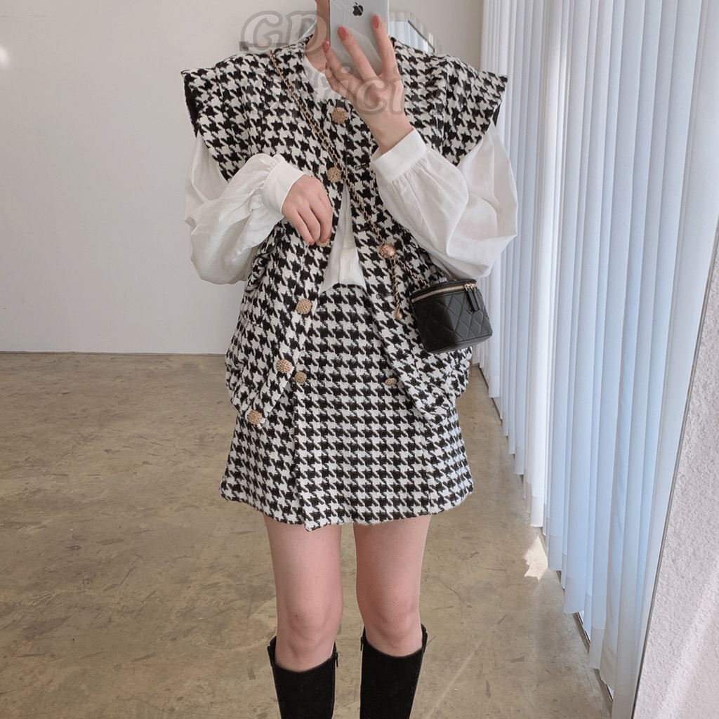 B11|Set bộ nữ dạ tweed áo gile tanktop khóa cài, váy cạp cao chữ A,sơ mi thanh lịch gd_order