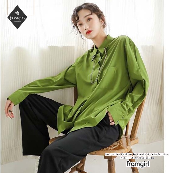 Áo Sơ Mi Cổ Tròn Tay Dài Dáng Rộng Màu Xanh Lá Thời Trang Mùa Xuân Phong Cách Retro 2022 Dành Cho Nữ